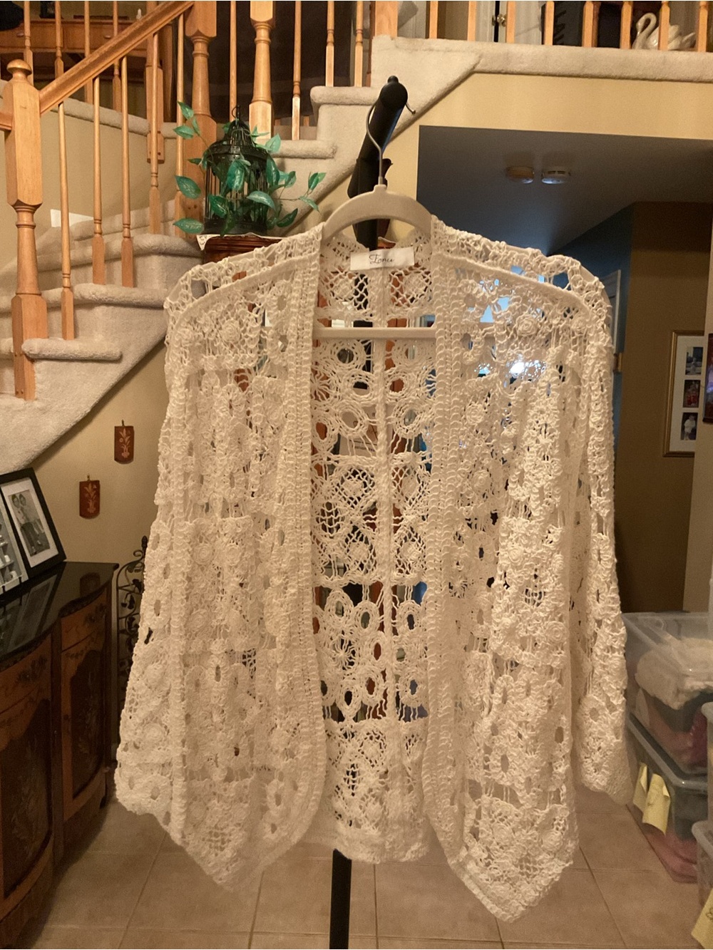 Hand-Crocheted Openwork Cream Sweater Cardigan Imported From Italy